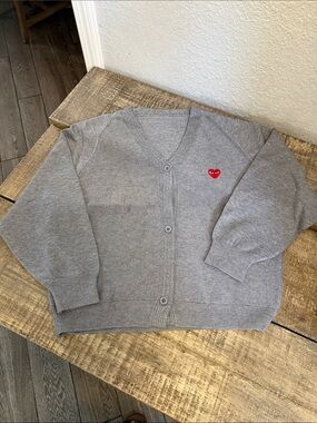 Grey Cardigan with PLAY  Red Heart Patch